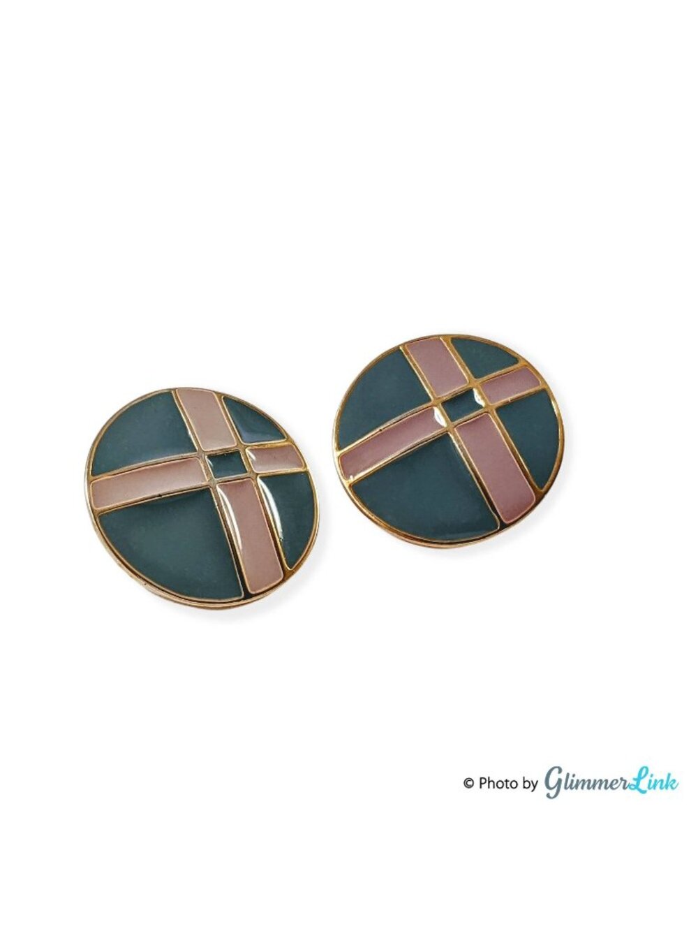 Vintage Teal Beige Enamel Round Pierced Earrings Gold Tone 1 Inch